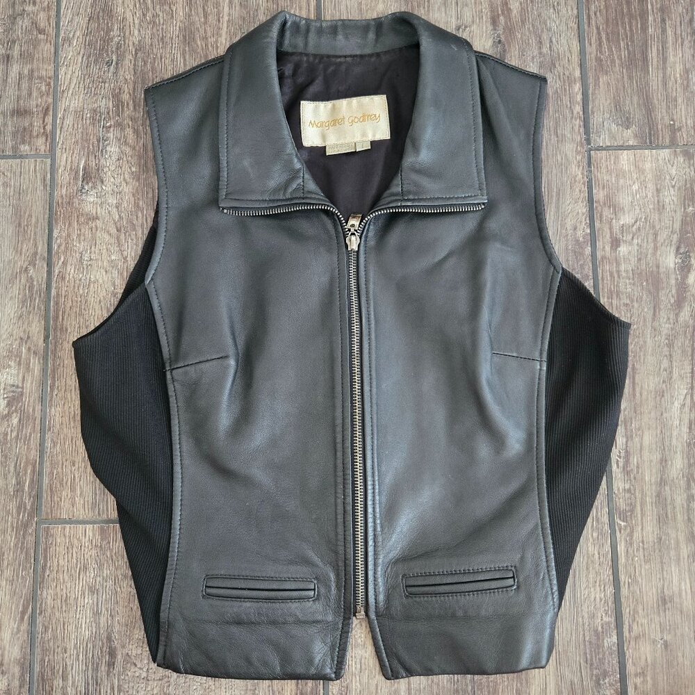 Vintage Margaret Godfrey Women's Leather Vest Black Front Zip Size Large